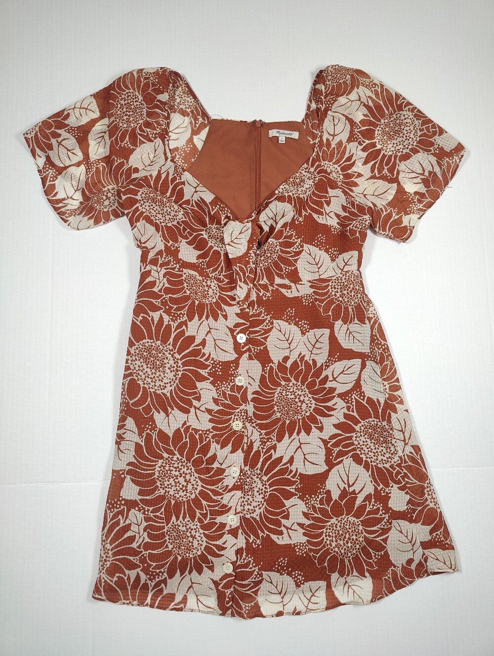 Madewell 100% Silk Orange White Floral Flutter Sleeve Mini Dress Sz 4 Tie Front